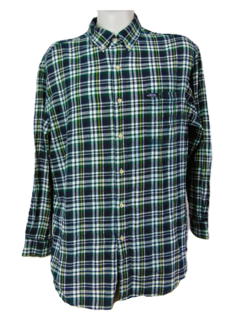 Vintage CHAPS Ralph Lauren Plaid Button-Front Flannel Shirt XL Green Blue White